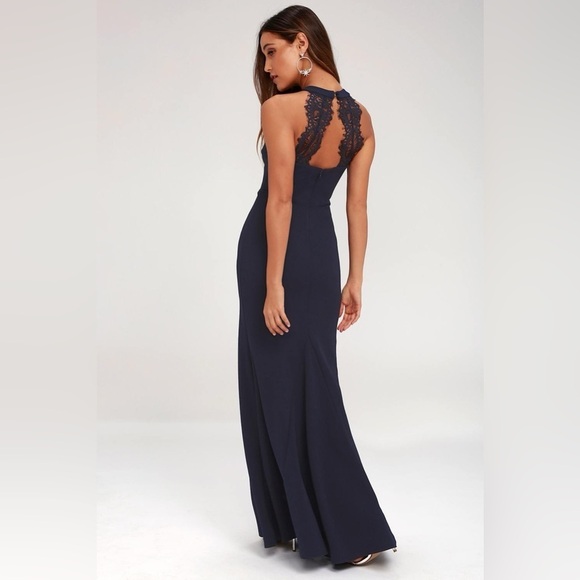 Lulus Joella Lace Halter Maxi Dress in Navy Blue Sz. Small NWT - Picture 2 of 13